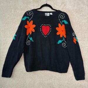 VINTAGE Tarazzia Knit Sweater Women's Medium Black Embroidered Hong Kong Vtg